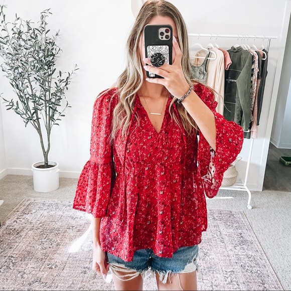 Lucky Brand Tops - LUCKY BRAND Red Floral Chiffon BOHO Top